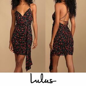 Lulus Got the Passion Black Red Floral Jacquard Strap Lace-Up Ruched Mini Dress